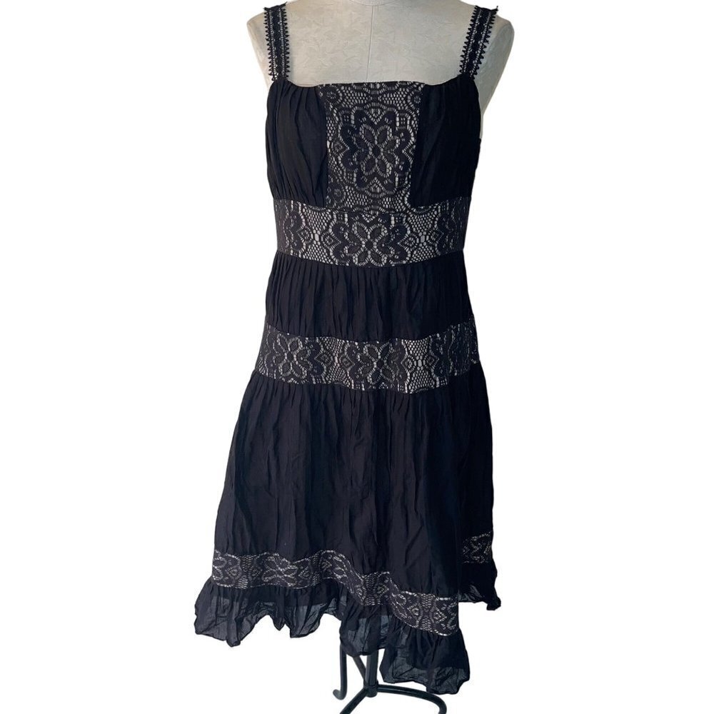 ECI New York Womens Midi Dress Size 12 Black Cotton Floral Lace Tiered Cotton